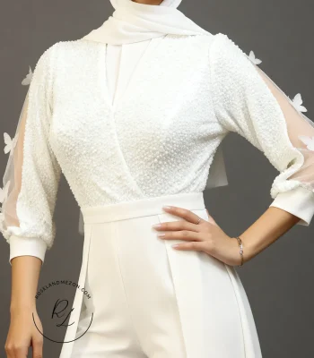 اورال مجلسی زنانه سفید بالاتنه پولک‌دوزی آستین توری با اپلیکه پروانه-دامن رویی جداشونده-طراحی و دوخت خانه عروس رزلند