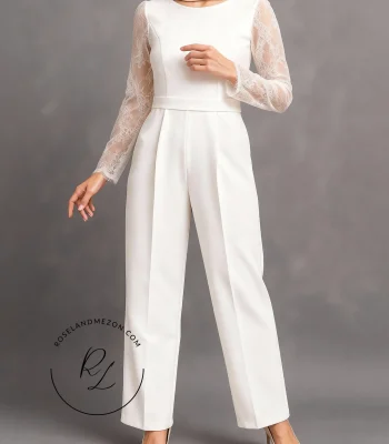 اورال زنانه سفید با پارچه دانتل فرانسه آستین تور طرح‌دار و بالاتنه طرح‌دار - همراه دامن دوم قابل جداشدن - طراحی و دوخت خانه عروس رزلند