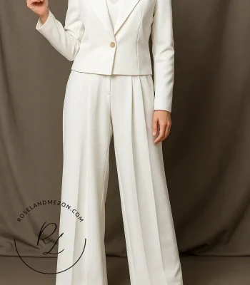 اورال (سرهمی) سفید با شلوار پلیسه و کت تک دکمه رنگ دکمه طلایی - طراحی و دوخت خانه عروس رزلند