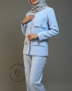 کت شلوار زنانه رنگ آبی آسمانی طرح زارا - طراحی و دوخت خانه عروس رزلند