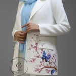 کت شلوار زنانه سفید نقاشی شده با طرح گل و پروانه - طراحی و دوخت خانه عروس رزلند